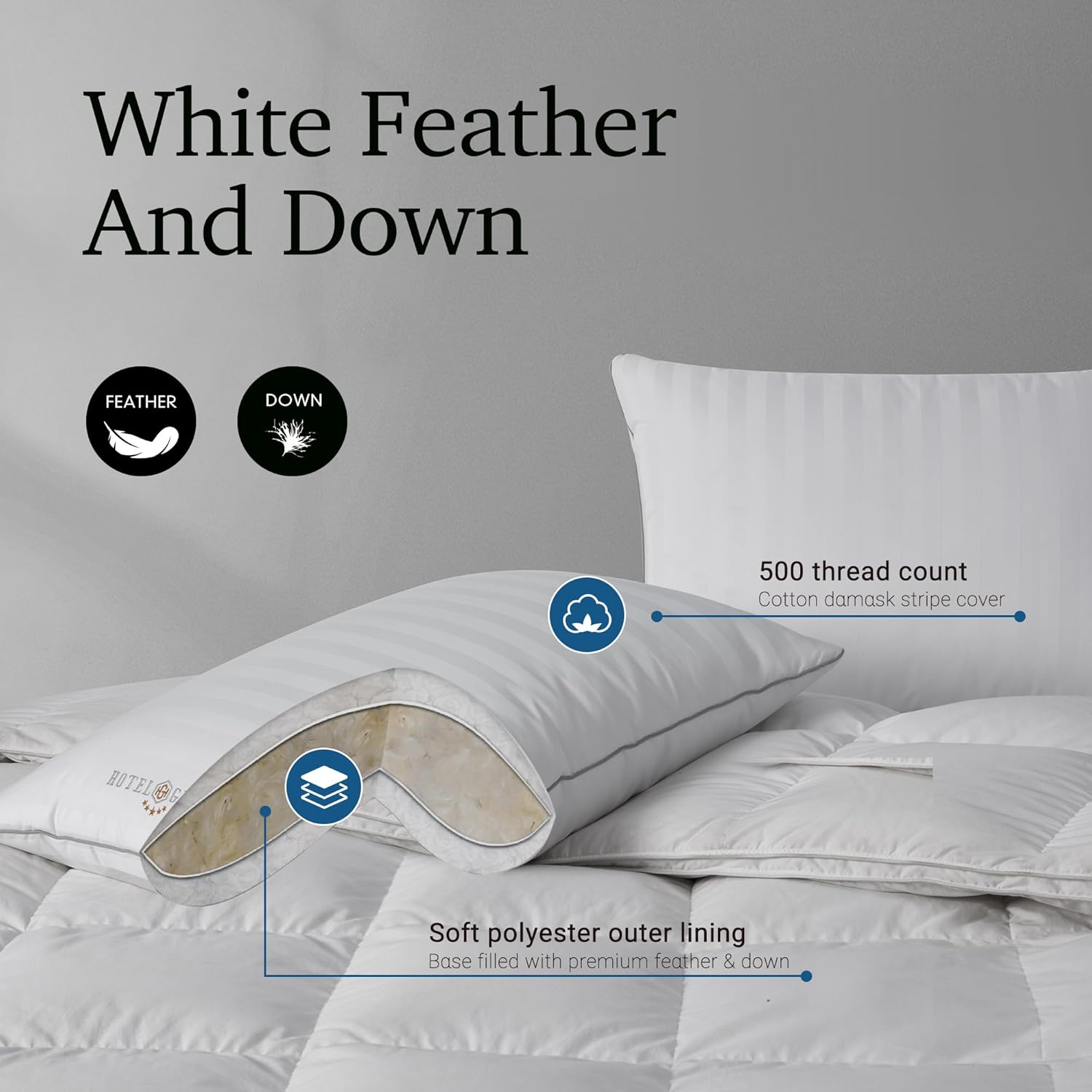 Hotel Grand Fluffy Feather Down Pillow 100% Cotton Queen Size Pillow Set of 2 Pa... 3 Hotel Grand Fluffy Feather Down Pillow 100% Cotton Queen Size Pillow Set of 2 Pa... - Image 3