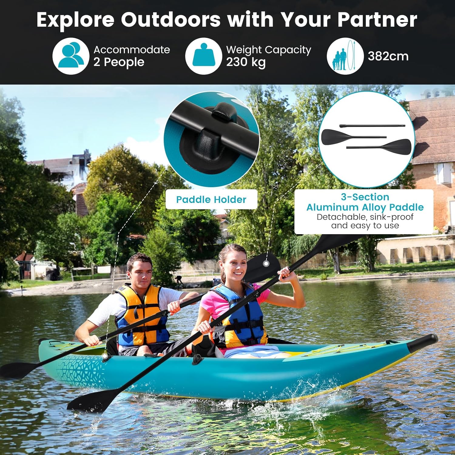 GYMAX Inflatable Kayak, 12.5Ft 507lbs Tandem Kayak with 2 Aluminum Paddles, 2 Pa... 3 GYMAX Inflatable Kayak, 12.5Ft 507lbs Tandem Kayak with 2 Aluminum Paddles, 2 Pa... - Image 3