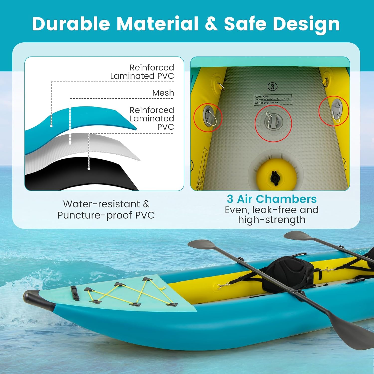 GYMAX Inflatable Kayak, 12.5Ft 507lbs Tandem Kayak with 2 Aluminum Paddles, 2 Pa... 5 GYMAX Inflatable Kayak, 12.5Ft 507lbs Tandem Kayak with 2 Aluminum Paddles, 2 Pa... - Image 5