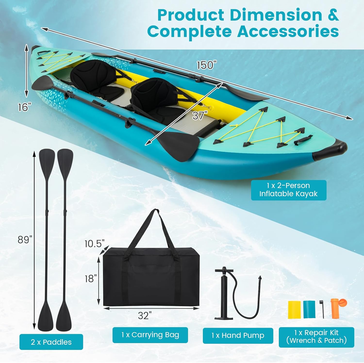 GYMAX Inflatable Kayak, 12.5Ft 507lbs Tandem Kayak with 2 Aluminum Paddles, 2 Pa... 6 GYMAX Inflatable Kayak, 12.5Ft 507lbs Tandem Kayak with 2 Aluminum Paddles, 2 Pa... - Image 7