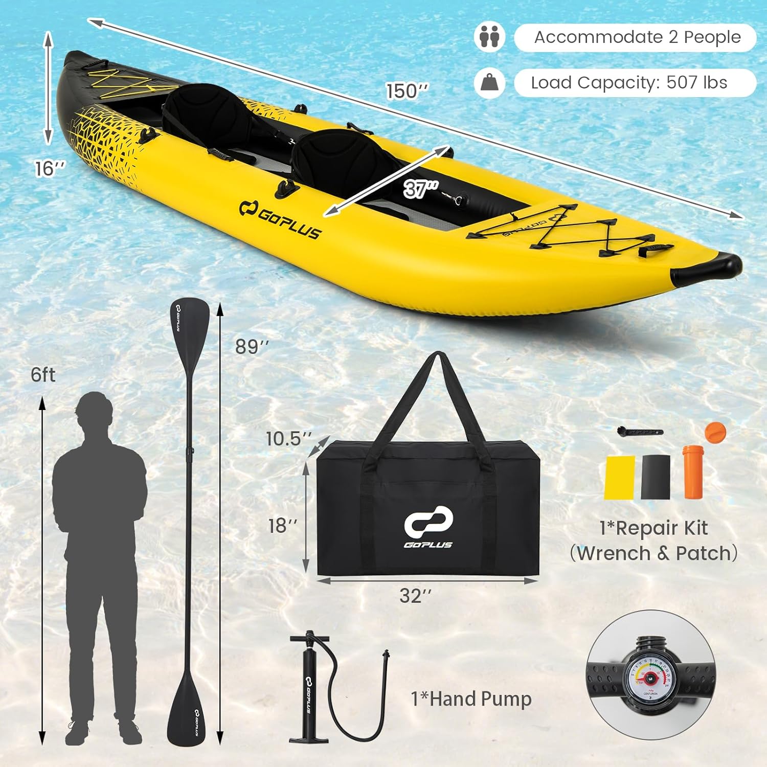 Goplus Inflatable Kayak, 2-Person Kayak Set for Adults with 507 LBS Weight Capac... 7 Goplus Inflatable Kayak, 2-Person Kayak Set for Adults with 507 LBS Weight Capac... - Image 7