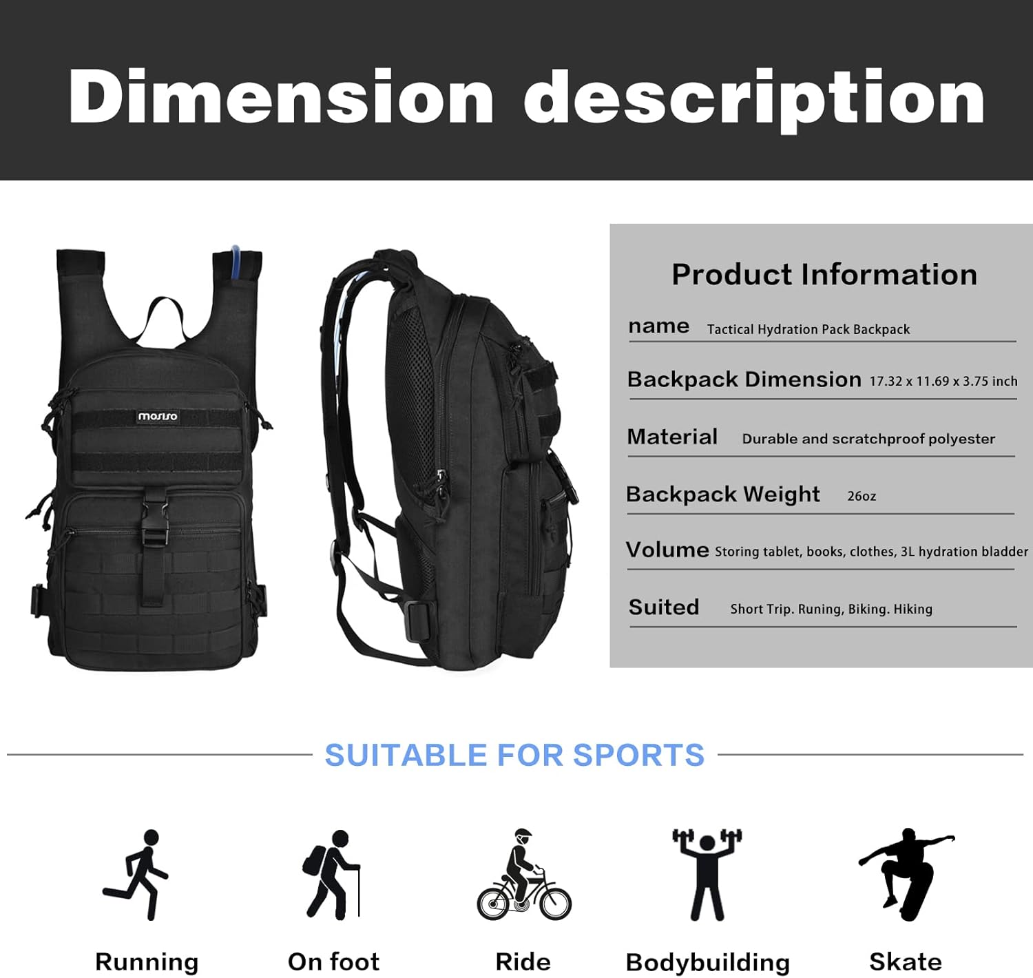 MOSISO Tactical Hydration Pack Backpack, Lightweight Military Daypack Water Back... 3 MOSISO Tactical Hydration Pack Backpack, Lightweight Military Daypack Water Back... - Image 3