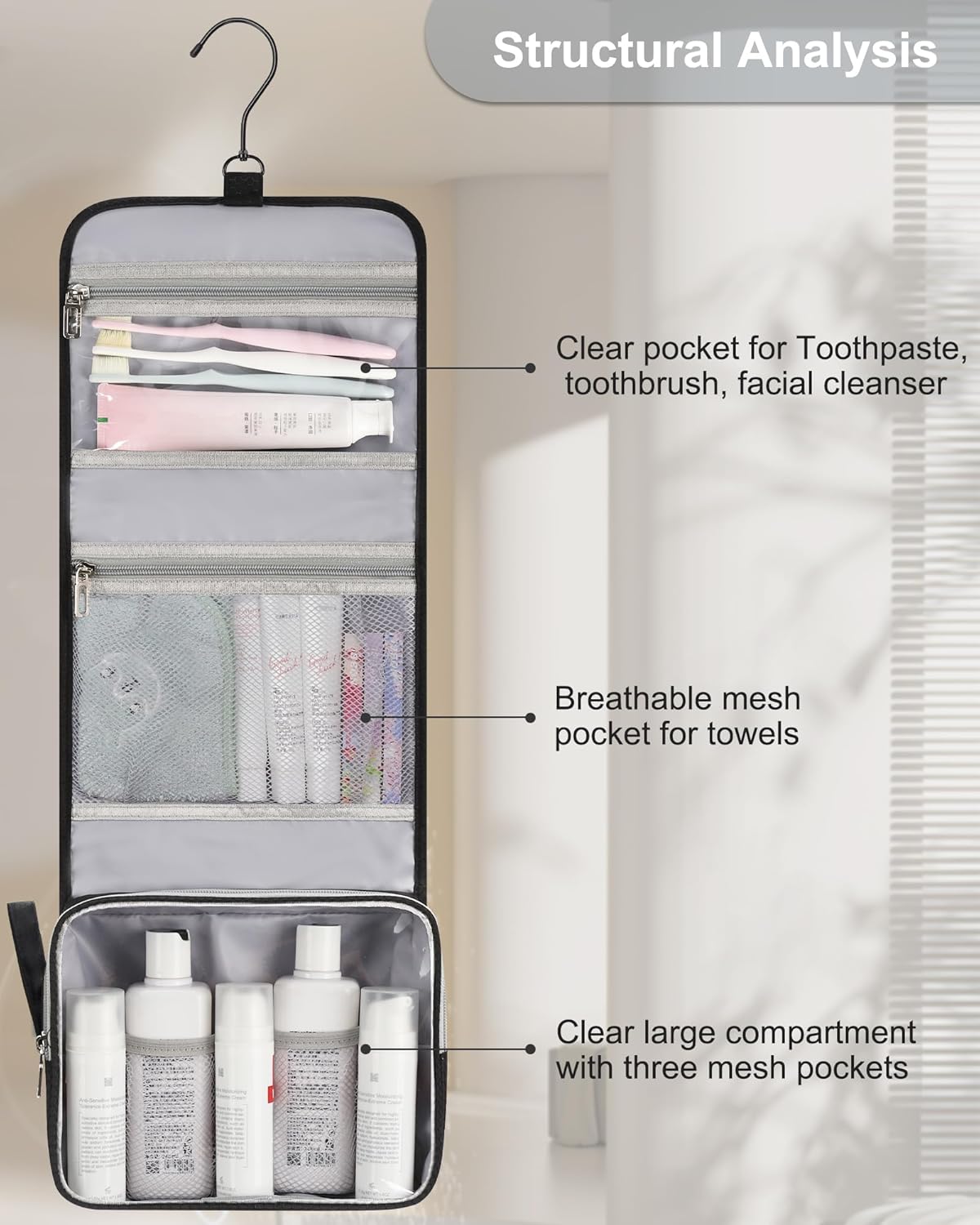 Small Hanging Toiletry Bag for Men and Women, Portable Hanging Organizer for Tra... 3 Small Hanging Toiletry Bag for Men and Women, Portable Hanging Organizer for Tra... - Image 3