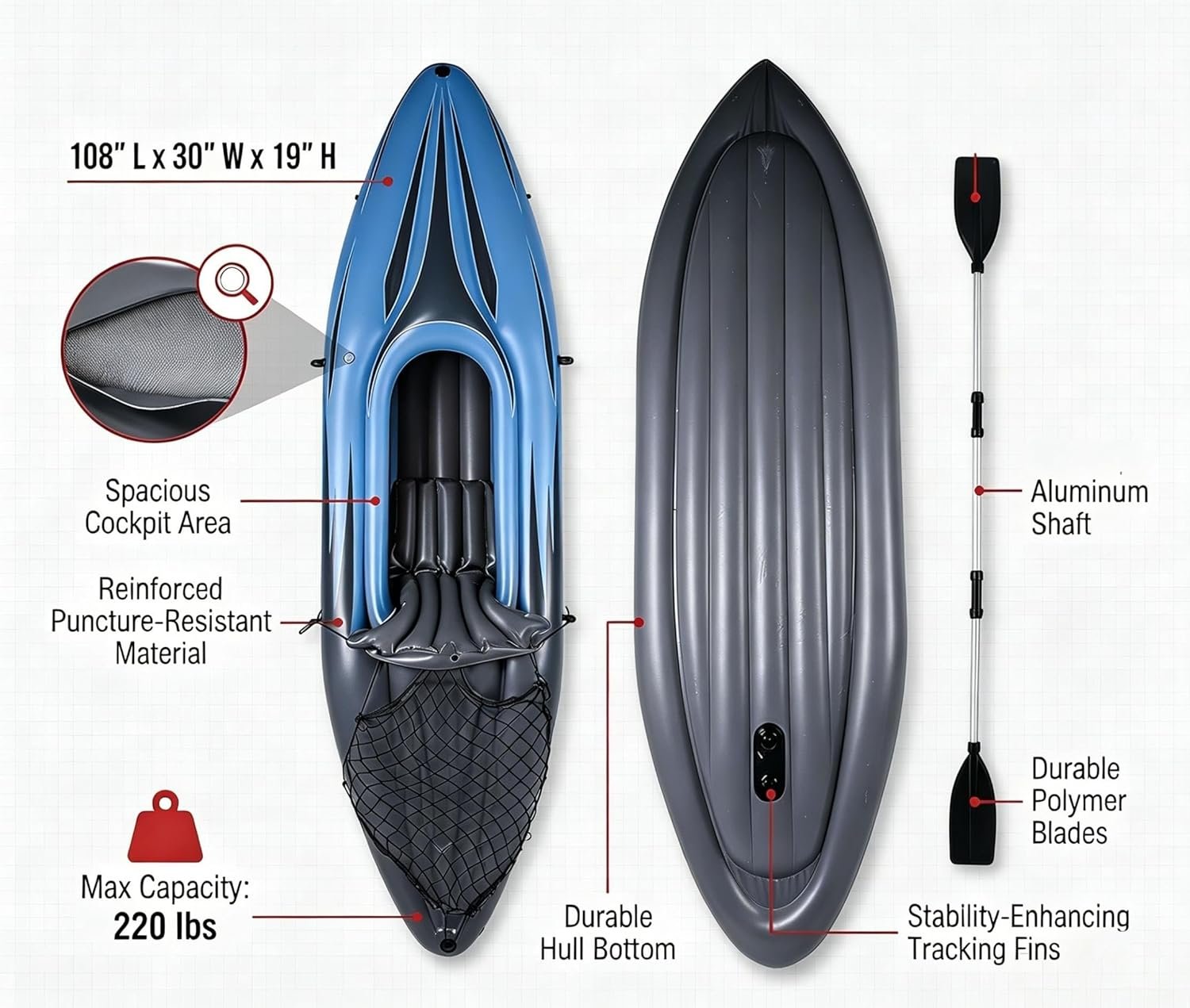 9ft Inflatable Fishing Kayak, 1-Person Foldable Boat, 220lb Capacity with Alumin... 5 9ft Inflatable Fishing Kayak, 1-Person Foldable Boat, 220lb Capacity with Alumin... - Image 5
