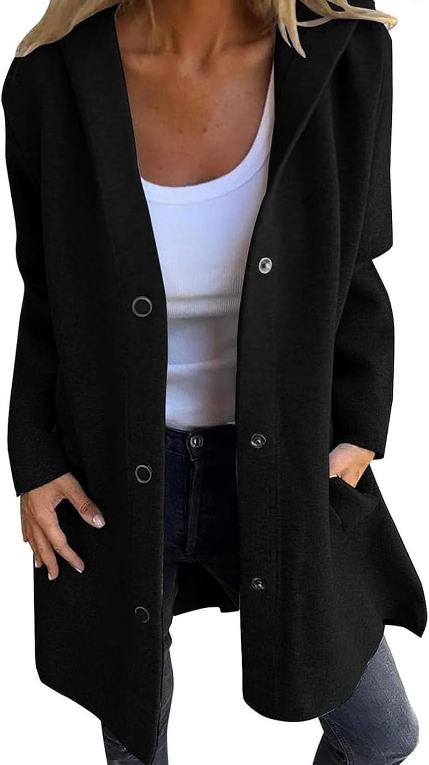Hoodie Trench Coat Women Casual Single Breasted Hooded Jacket Lapel Neck Long Sl... 3 Hoodie Trench Coat Women Casual Single Breasted Hooded Jacket Lapel Neck Long Sl... - Image 3