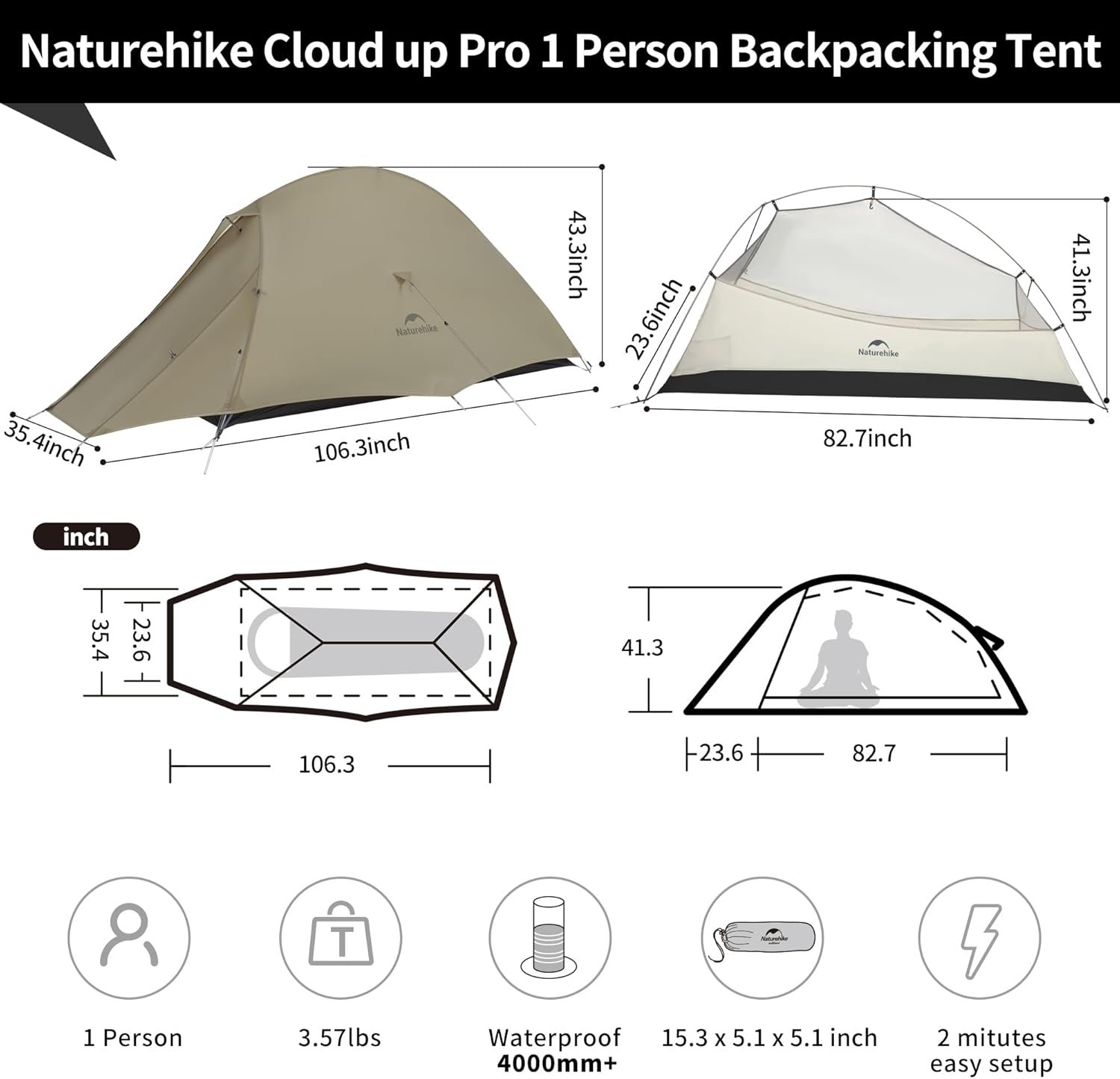 Naturehike Cloud Up 1 Person Tent, Lightweight Backpacking Tents for One Man, Wa... 3 Naturehike Cloud Up 1 Person Tent, Lightweight Backpacking Tents for One Man, Wa... - Image 3
