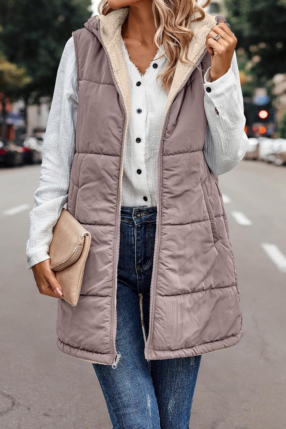 Long Puffer Vest Women with Hood Sleeveless Reversible Fleece Jacket Zip Up Hood... 3 Long Puffer Vest Women with Hood Sleeveless Reversible Fleece Jacket Zip Up Hood... - Image 3