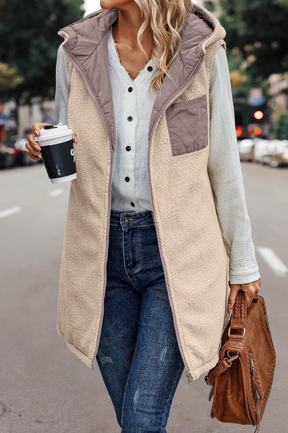 Long Puffer Vest Women with Hood Sleeveless Reversible Fleece Jacket Zip Up Hood... 4 Long Puffer Vest Women with Hood Sleeveless Reversible Fleece Jacket Zip Up Hood... - Image 4