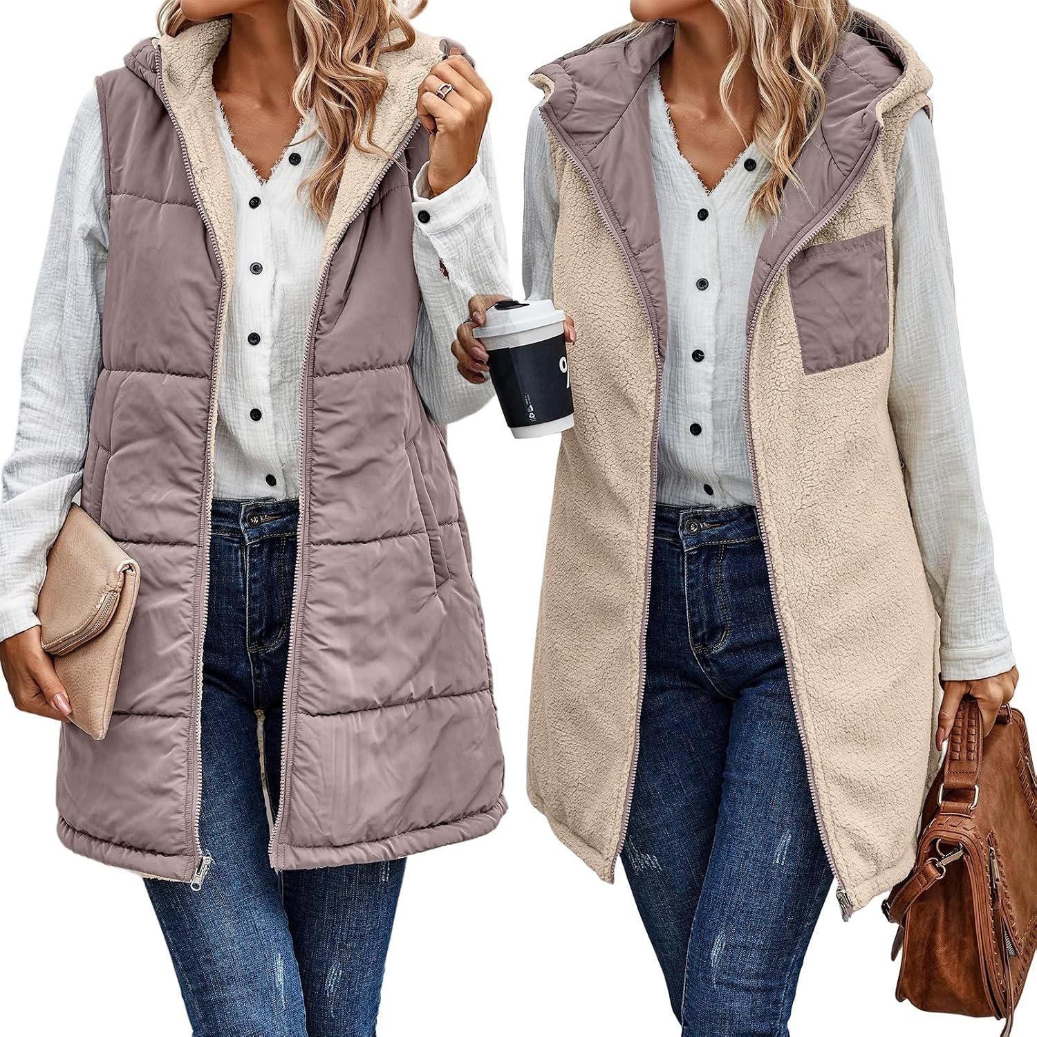 Long Puffer Vest Women with Hood Sleeveless Reversible Fleece Jacket Zip Up Hood... 5 Long Puffer Vest Women with Hood Sleeveless Reversible Fleece Jacket Zip Up Hood... - Image 5