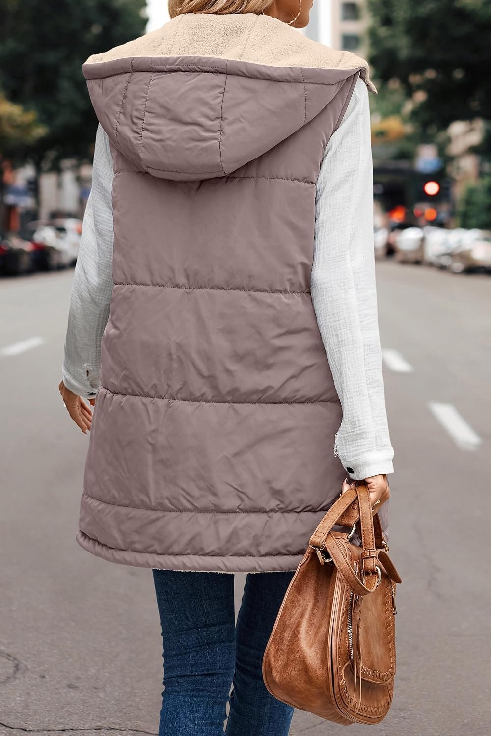 Long Puffer Vest Women with Hood Sleeveless Reversible Fleece Jacket Zip Up Hood... 6 Long Puffer Vest Women with Hood Sleeveless Reversible Fleece Jacket Zip Up Hood... - Image 6