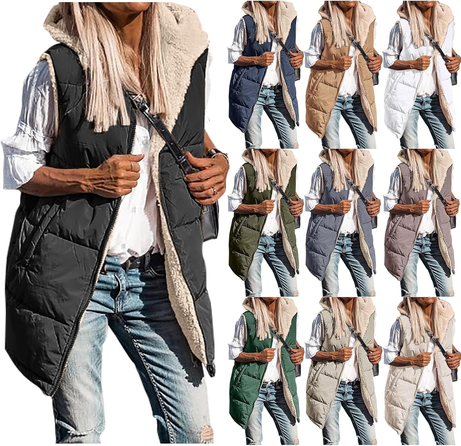 Long Puffer Vest Women with Hood Sleeveless Reversible Fleece Jacket Zip Up Hood... 7 Long Puffer Vest Women with Hood Sleeveless Reversible Fleece Jacket Zip Up Hood... - Image 7