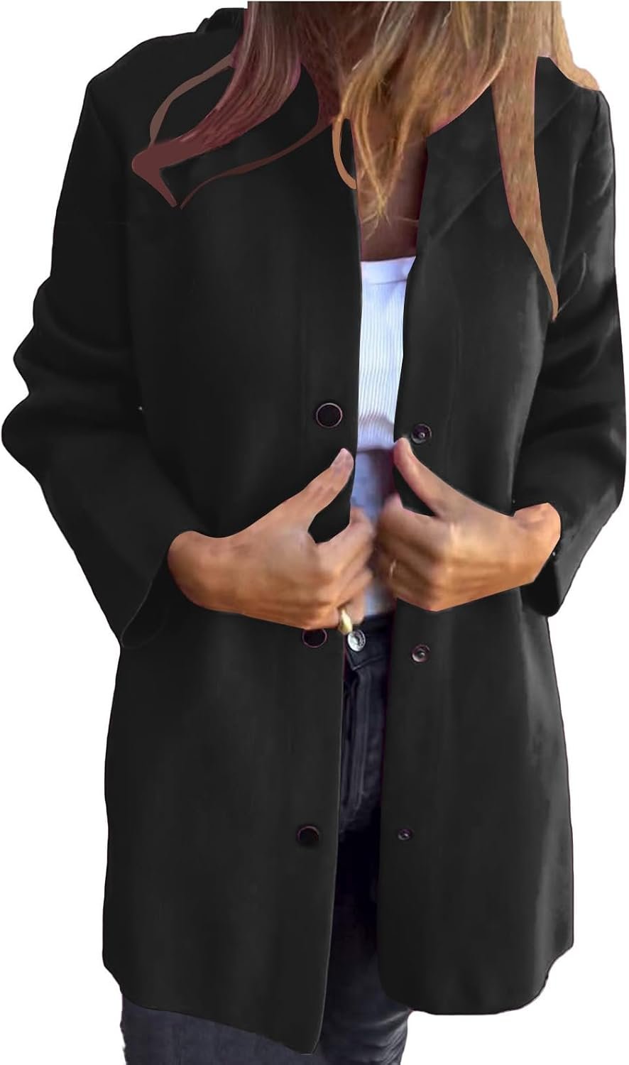 Hoodie Trench Coat Women Casual Single Breasted Hooded Jacket Lapel Neck Long Sl... 2 Hoodie Trench Coat Women Casual Single Breasted Hooded Jacket Lapel Neck Long Sl... - Image 2