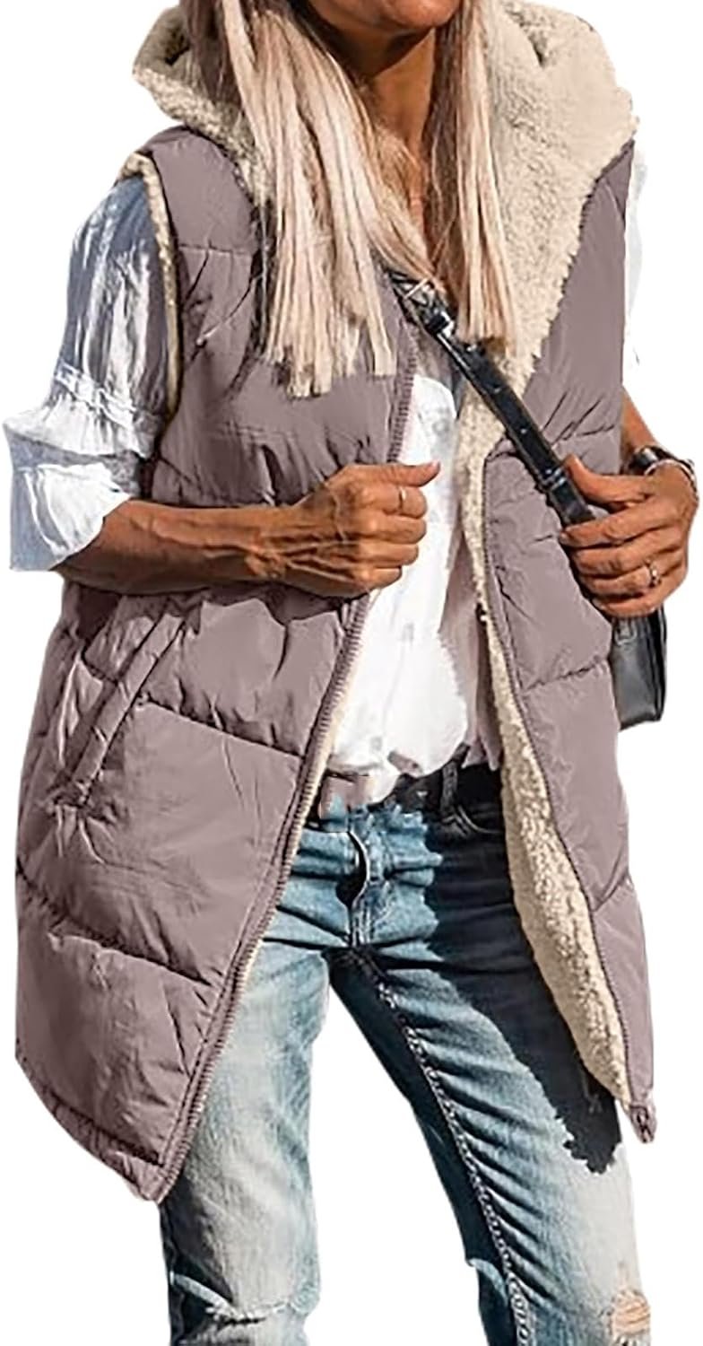 Long Puffer Vest Women with Hood Sleeveless Reversible Fleece Jacket Zip Up Hood... 2 Long Puffer Vest Women with Hood Sleeveless Reversible Fleece Jacket Zip Up Hood... - Image 2