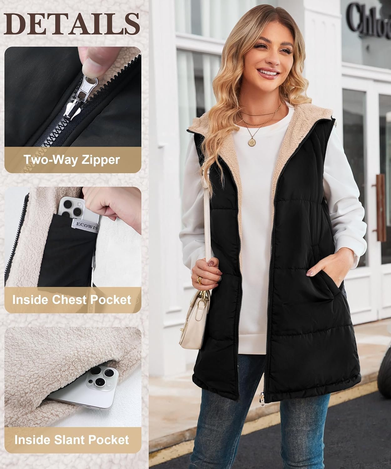 ECOWISH Women Long Puffer Vest: Fall Zip up Reversible Fleece Jacket 2026 Winter... 6 ECOWISH Women Long Puffer Vest: Fall Zip up Reversible Fleece Jacket 2026 Winter... - Image 6