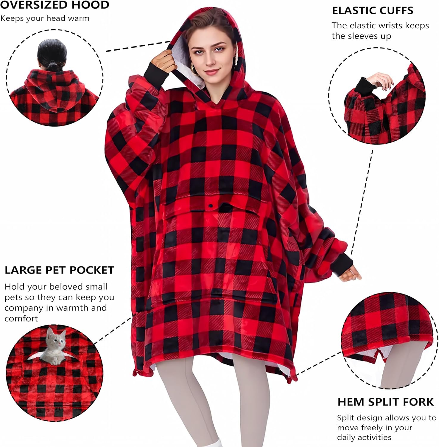 Solaris Red Plaid Wearable Blanket Hoodie with Large Pocket, Warm Super Soft Coz... 3 Solaris Red Plaid Wearable Blanket Hoodie with Large Pocket, Warm Super Soft Coz... - Image 3