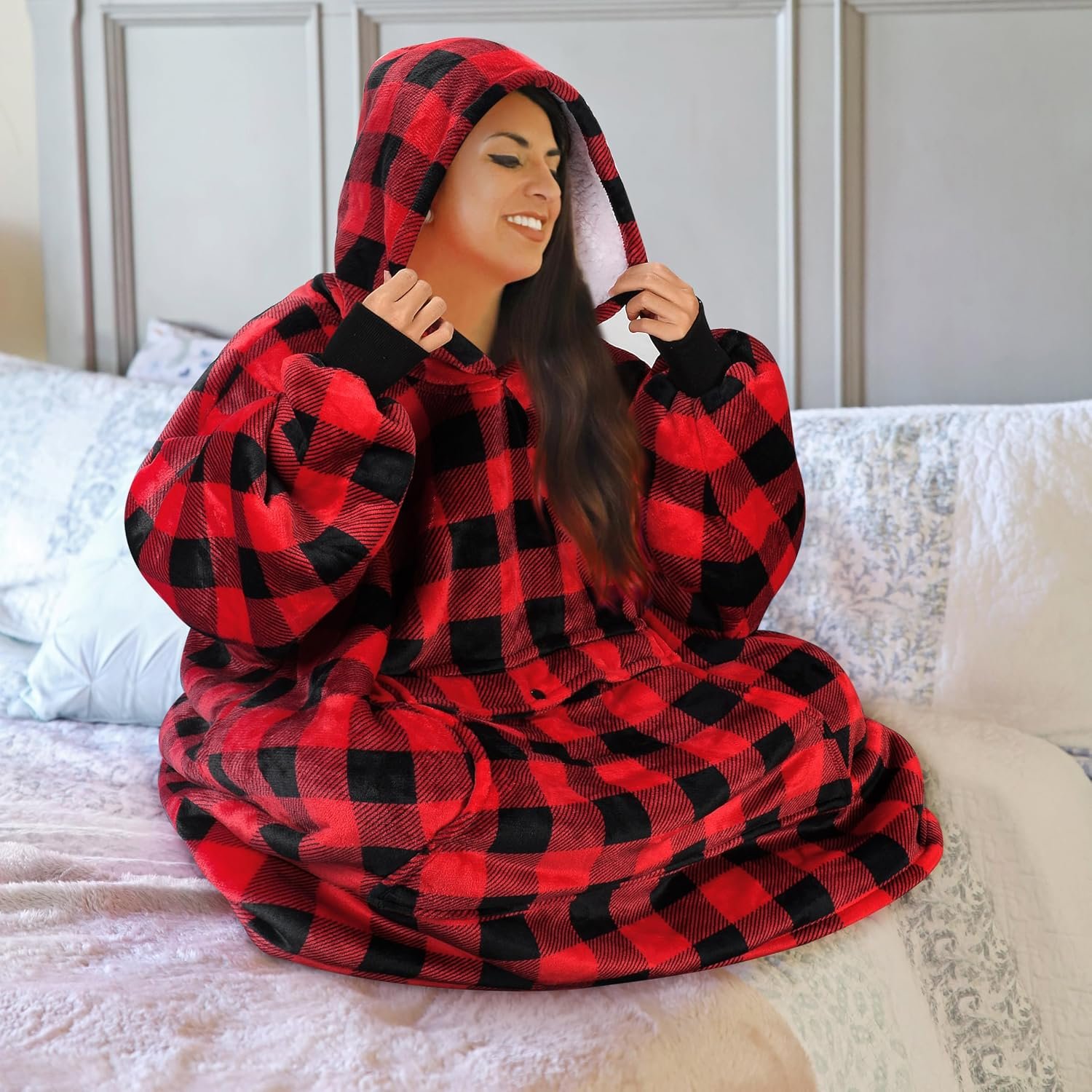 Solaris Red Plaid Wearable Blanket Hoodie with Large Pocket, Warm Super Soft Coz... 4 Solaris Red Plaid Wearable Blanket Hoodie with Large Pocket, Warm Super Soft Coz... - Image 4