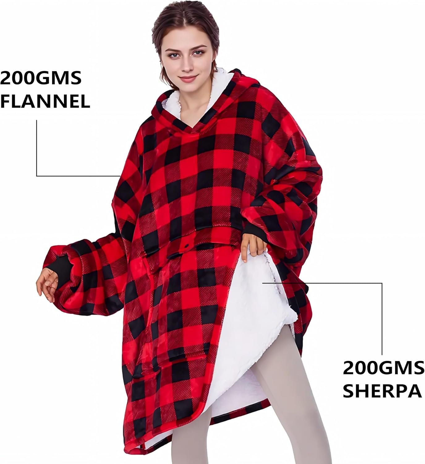 Solaris Red Plaid Wearable Blanket Hoodie with Large Pocket, Warm Super Soft Coz... 5 Solaris Red Plaid Wearable Blanket Hoodie with Large Pocket, Warm Super Soft Coz... - Image 5