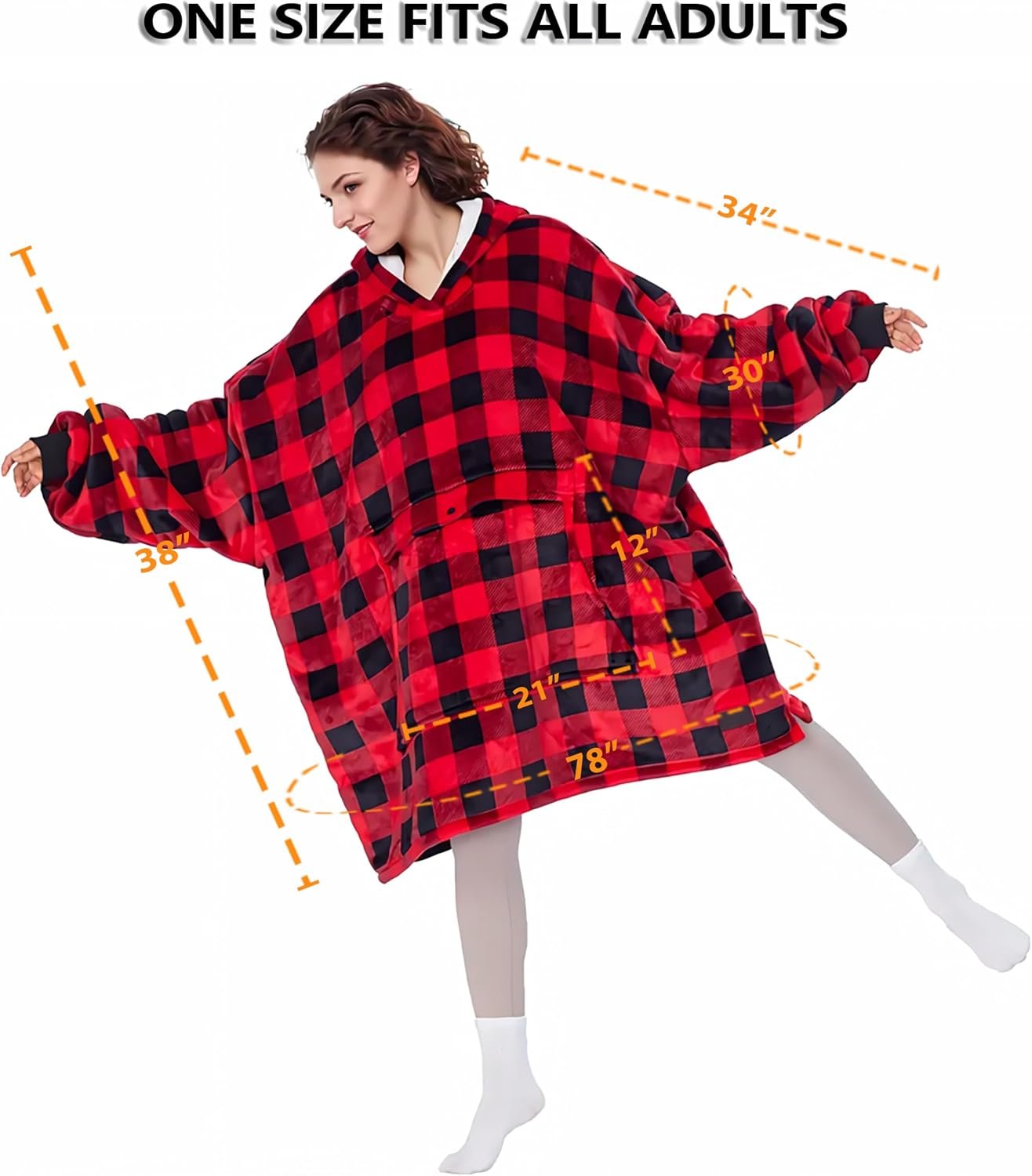 Solaris Red Plaid Wearable Blanket Hoodie with Large Pocket, Warm Super Soft Coz... 6 Solaris Red Plaid Wearable Blanket Hoodie with Large Pocket, Warm Super Soft Coz... - Image 6