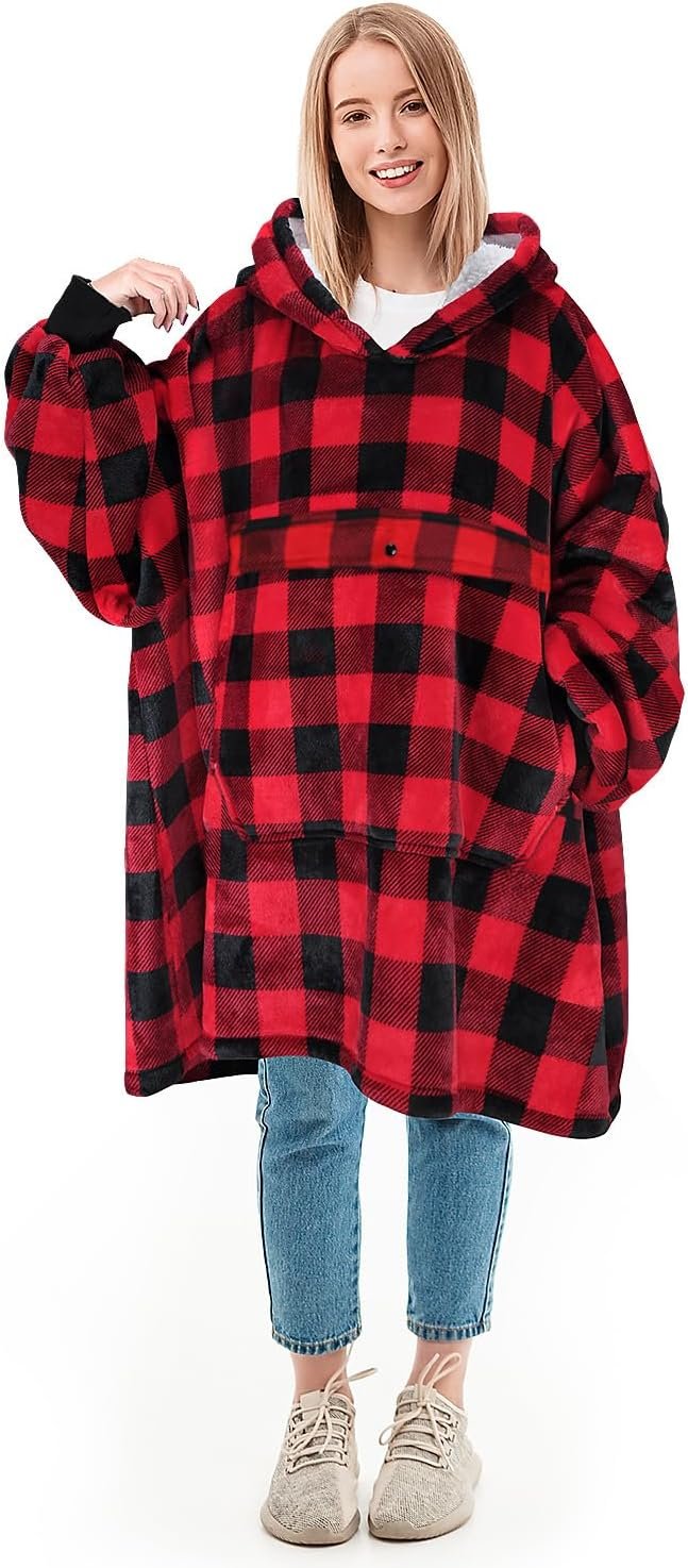 Solaris Red Plaid Wearable Blanket Hoodie with Large Pocket, Warm Super Soft Coz... 2 Solaris Red Plaid Wearable Blanket Hoodie with Large Pocket, Warm Super Soft Coz... - Image 2